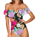 Sweet Women Bright Color Floral Printed Off-shoulder One-piece Swimwear