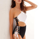 Unique Asymmetric One-shoulder Design Color Blocking One-piece Swimwear