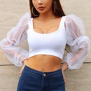 TIY Women Apparel Vintage Elegance Women Unique Mesh Puff Sleeve Cropped Blouse TIY