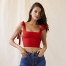 TIY Women Apparel Vintage Square Neck Self Tie Bowknot Sleeveless Crop Top TIY