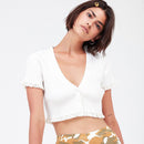 TIY Women Apparel Vintage Women V Neck Unique Lace Bordering Short Sleeve Cropped Tee TIY