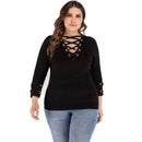 Women Slimming Pattern Black Color Long Sleeves Lace-up Collar T-shirt