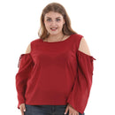 Young Women Solid Color Cool-shoulder Design Round Neck Plus Size Top