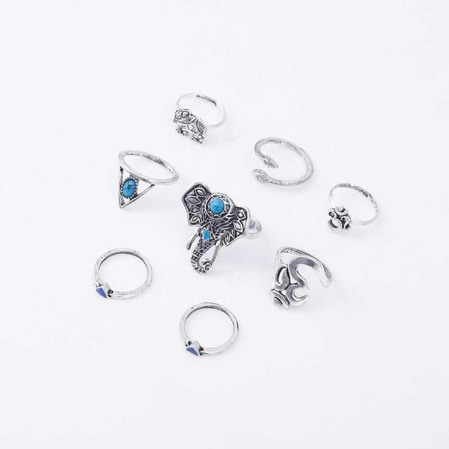 TOMTOSH 2017 8pcs /Pack Boho Retro Elephant Snake Blue gem Rings Lucky Stackable Midi Rings Set of Rings for Women Party-Silver-JadeMoghul Inc.