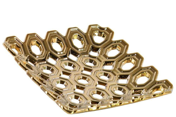 Trays Perforated Circle Patterned Square Concave Tray In Ceramic, Chrome Gold Benzara