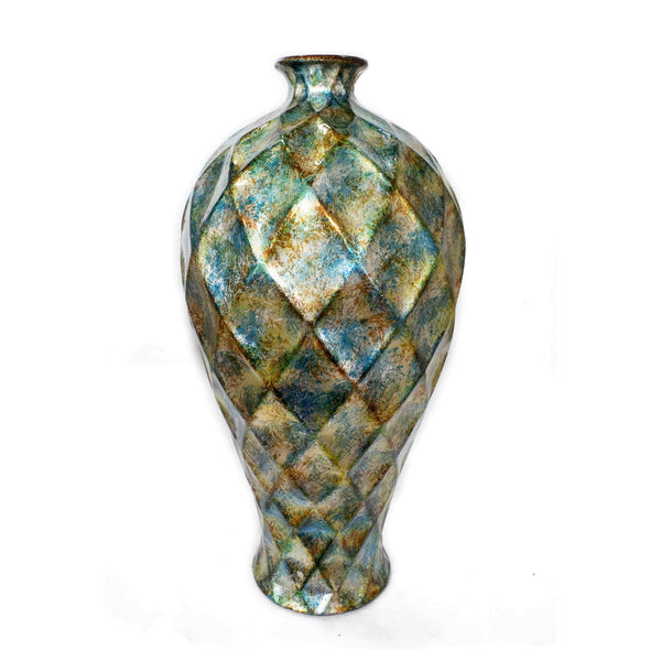Vases Gold Vase - 11" X 11" X 19'.5" Green, Gold, Orange Ceramic Foiled & Lacquered Faceted Plum Vase HomeRoots
