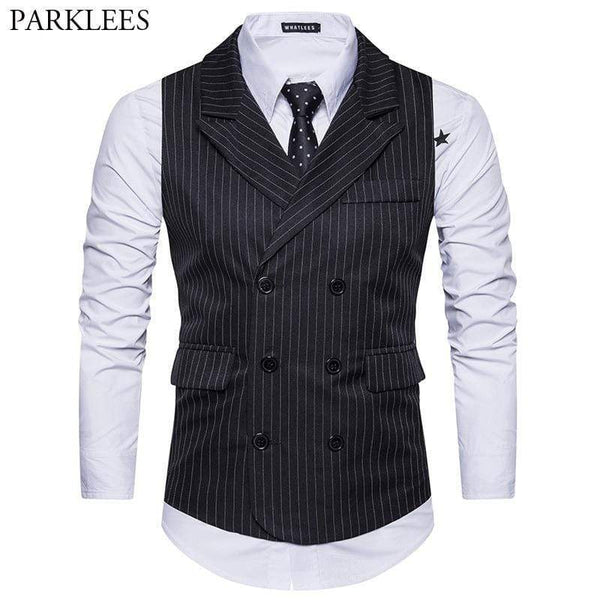 Vertical Striped Men Vest - Double Breasted Sleeveless Waistcoat AExp