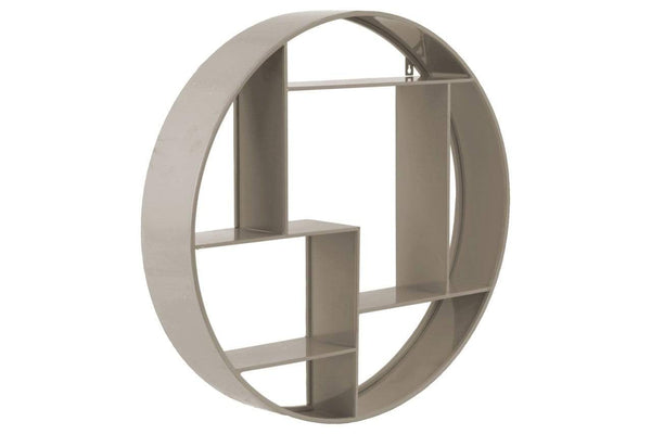 WALL HOOKS AND SHELFS Round Metal Wall Shelf With Multiple Slots, Taupe Gray Benzara