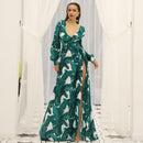 Summer Beach Party Leaves Printed Long-sleeve Side-slit Wrapped Chiffon Maxi Dress