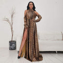 Unique Cool-shoulder Side-slit Leopard Print Women Evening Party Dress