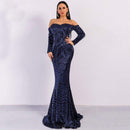 Unique Off-shoulder Design Women Evening Party Sequin Detailing Elegant Fishtail Sweep Dress
