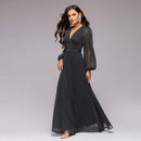 Women V Neck Long-sleeve Polka Dot Printed Chiffon Maxi Dress