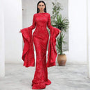 Women Vintage Fluttering Sleeve Glitter Embroidery Detailing Elegant Evening Party Dress