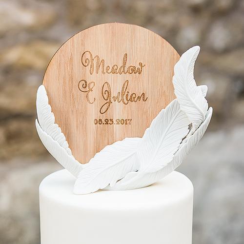 White Feather Porcelain Wedding Cake Topper with Personalized Veneer Disc in Feather Whimsy Design (Pack of 1)-Wedding Cake Toppers-JadeMoghul Inc.