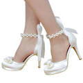 Woman Wedding Shoes White Ivory High Heel Round Toe Platform Pearls Ankle Strap Bow Satin Lady Prom Evening Bridal Pumps EP11074-ivory-5-China-JadeMoghul Inc.