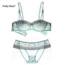 Women 1/2 Cup Lace Trim Push Up Bra and Panties Set-green-70D-JadeMoghul Inc.