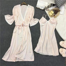 Women 2 Piece Silk Night Gown And Robe Set With Lace Trimming AExp