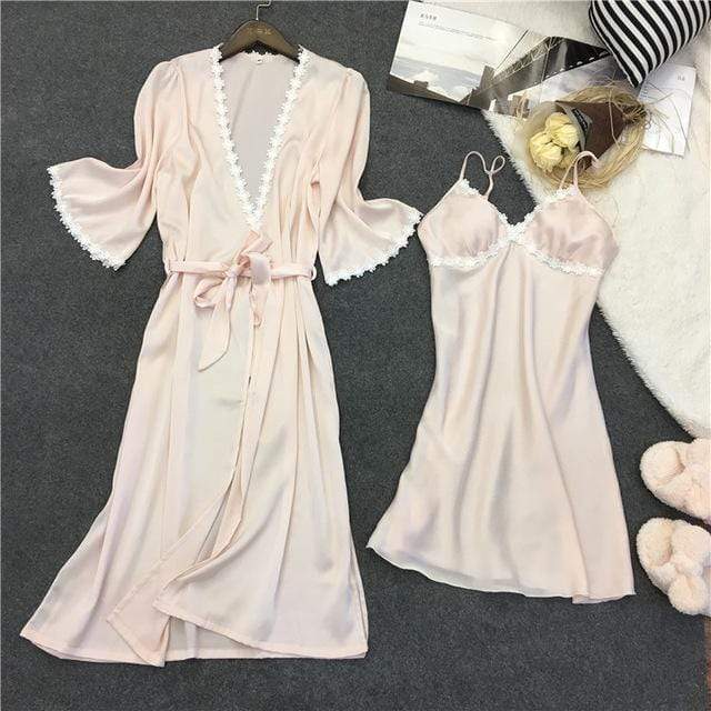 Women 2 Piece Silk Night Gown And Robe Set With Lace Trimming AExp