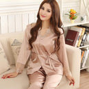 Women 2 Piece Silk Pajama Set With Ribbon tie And Lace Detailing-khaki-M-JadeMoghul Inc.
