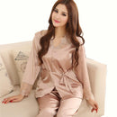 Women 2 Piece Silk Pajama Set With Ribbon tie And Lace Detailing-khaki-M-JadeMoghul Inc.