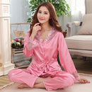 Women 2 Piece Silk Pajama Set With Ribbon tie And Lace Detailing-pink-M-JadeMoghul Inc.