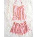 Women 2 piece Silk Shirt and Short set With Lace Trim AExp