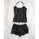 Women 2 piece Silk Shirt and Short set With Lace Trim-Black-L-JadeMoghul Inc.