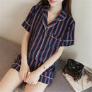 Women 2 Piece Silk Striped Shorts And Shirt Pajama Set-dark navy-JadeMoghul Inc.
