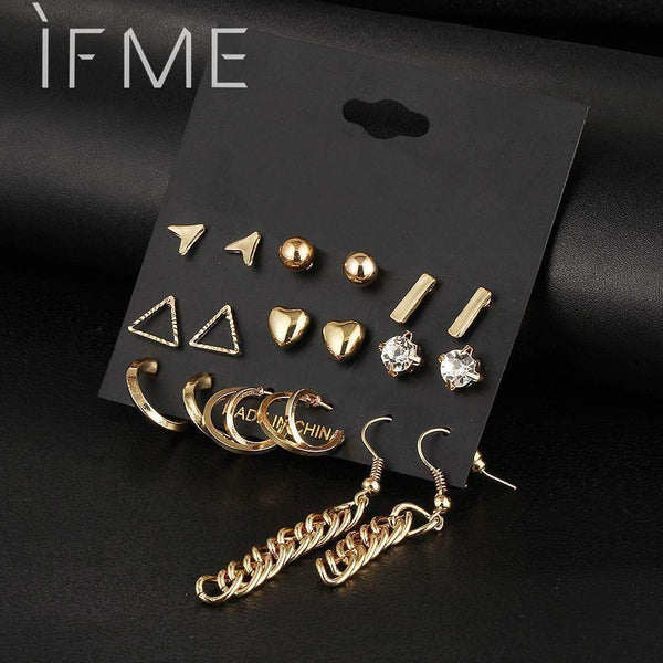 Women 9 pcs Crystal Gold And Silver Stud/ Drop Earrings Set