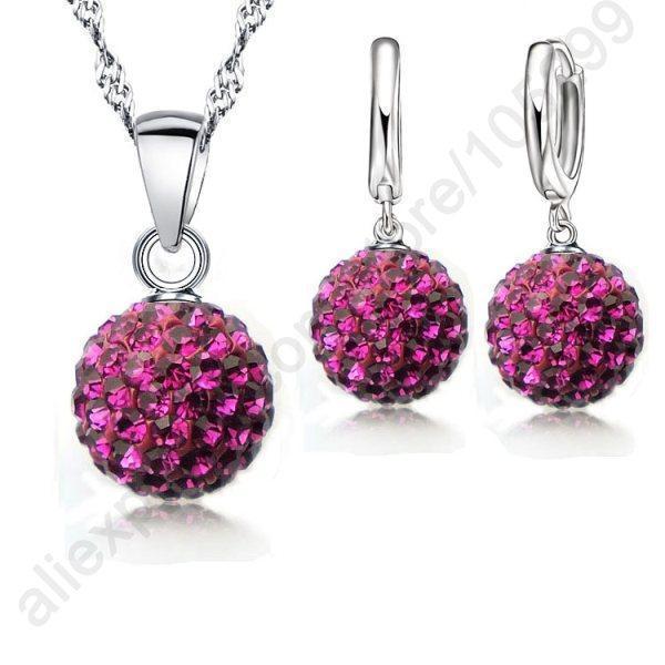 Women 925 Sterling Silver Crystal Ball Earring And Pendant Necklace Set-Fuchsia-JadeMoghul Inc.