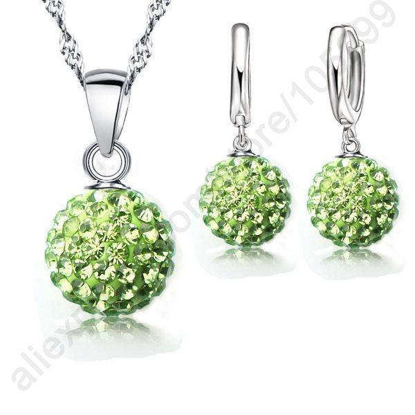 Women 925 Sterling Silver Crystal Ball Earring And Pendant Necklace Set-Green-JadeMoghul Inc.