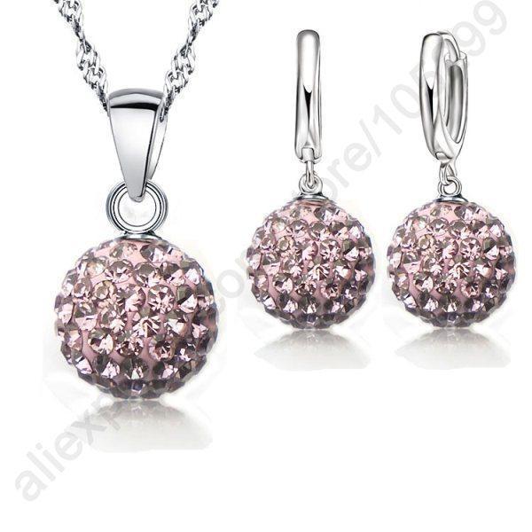 Women 925 Sterling Silver Crystal Ball Earring And Pendant Necklace Set-Light purple-JadeMoghul Inc.