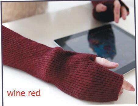 Women Arm Length Cashmere Blend Finger Less Gloves-Wine Red-One Size-JadeMoghul Inc.