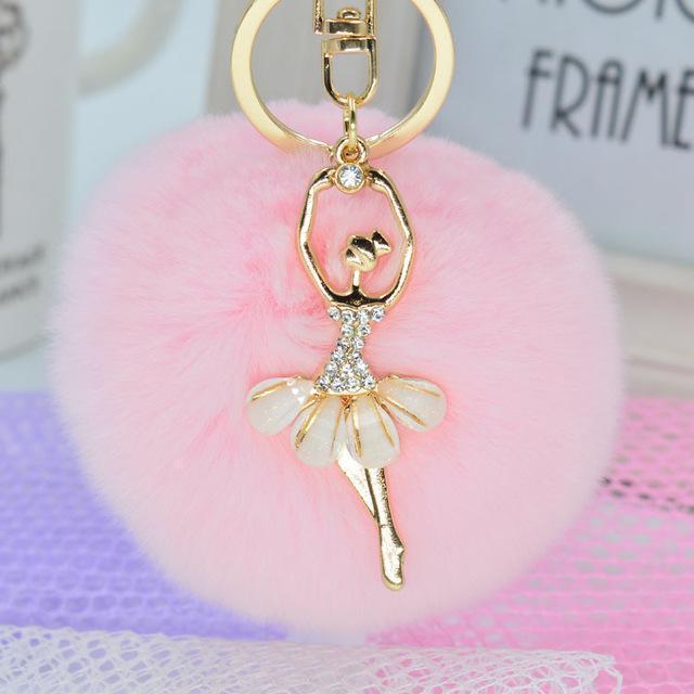Women Ballerina Inspired Rabbit Fur Pom Pom Keychain/ Bag Charm-pink-JadeMoghul Inc.