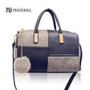 Women Barrel Shaped Color Block Bag With Fur Bag Charm-Black-JadeMoghul Inc.