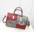 Women Barrel Shaped Color Block Bag With Fur Bag Charm-Gray-JadeMoghul Inc.