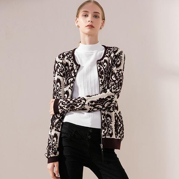 Women Bold Print Zippered Jacket-Brown-One Size-JadeMoghul Inc.