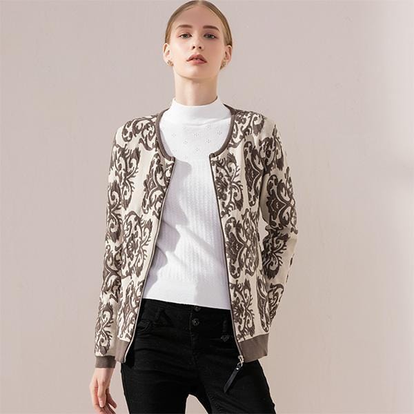 Women Bold Print Zippered Jacket-Light Brown-One Size-JadeMoghul Inc.