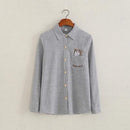 Women Button Down Cotton Shirt Top With Embroidery and Lace Detailing-black stripe cat-S-JadeMoghul Inc.