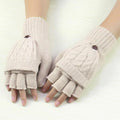 Women Cable Knit Wool Convertible Mittens / Gloves-Beige-One Size-JadeMoghul Inc.