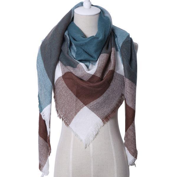Women Cashmere Blend Plaid Triangle Shaped Scarf/Wrap-Triangle Green Red-JadeMoghul Inc.