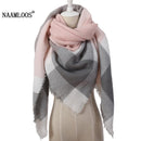 Women Cashmere Blend Plaid Triangle Shaped Scarf/Wrap-Triangle Pink Grey-JadeMoghul Inc.