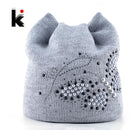 Women Cat Beanie/ Hat With Pearls And Diamond Butterfly Detailing-White-JadeMoghul Inc.