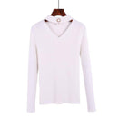 Women Choker V Neck sweater Top With Pearl Embellishment-white-One Size-JadeMoghul Inc.