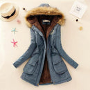 Women Faux Fur Collar Hooded Jacket-Steel Blue-XXL-JadeMoghul Inc.