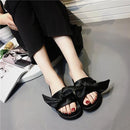 Women Faux Fur / Silk Bow Detailed Beach Rubber Slippers-black 1-6-JadeMoghul Inc.