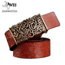 Women floral Embossed Cow Skin Belt With Woven Design Pin Buckle-white-85cm 20to22 Inch-JadeMoghul Inc.