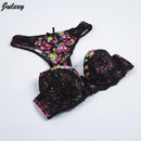 Women Floral Print and Lace Padded Push Up Bra And Seamless Panties Set-Black-34B or 75B-JadeMoghul Inc.