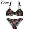 Women Floral Print Silk And Lace Push up Bra And Panties Set-Black-70A-JadeMoghul Inc.