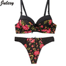 Women Floral Printed Satin Push Up Bra And Panties Set-Beige-A-34-JadeMoghul Inc.